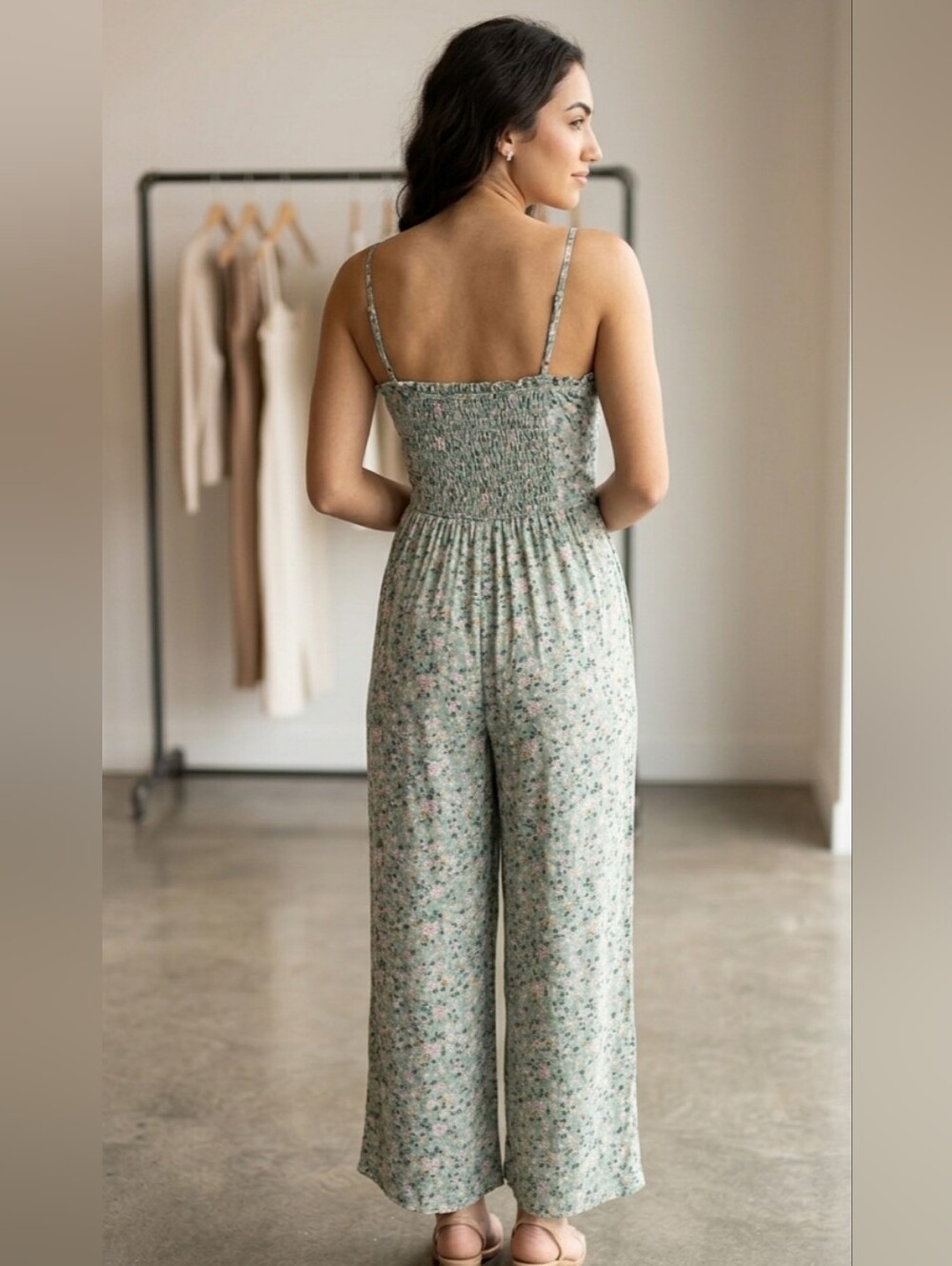 AS U WISH Floral Jumpsuit Sage Green Wide Leg Sweetheart Tie Front Small - Picture 2 of 9